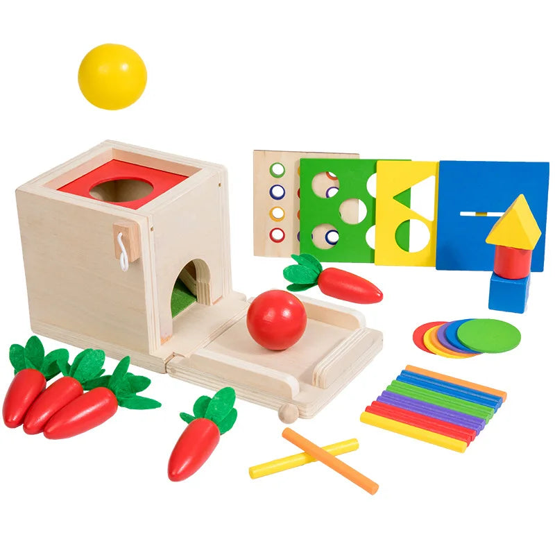 5 in 1 Montessori Object Permanence Box Pull Carrot/ Ball Tracker/ Colors& Shapes Matching/ Coin Box Game Early Educational Toys