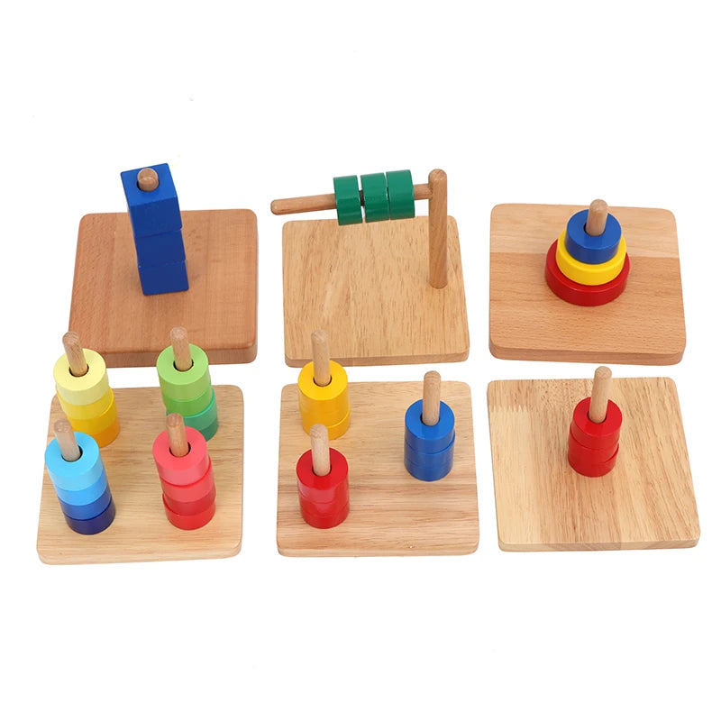 Infant Montessori Dowels Toys Discs/ Cubes Stacking Game for Kids Hand-Eye Coordination Fine Motor Skill Practice Education Toy