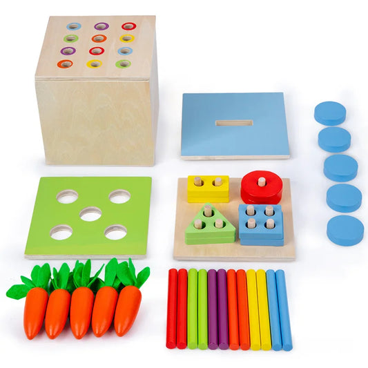 Montessori Educational Toys 4 In 1 Box Infant Toddler Matching Inserting Game Hand-Eye Coordination Fine Motor Skill Practice